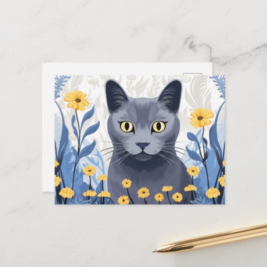 青ロシアの猫黄色の花 シーズンポストカード (正面/裏面インサイチュ)