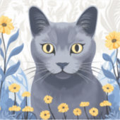 青ロシアの猫黄色の花 シール (正面)