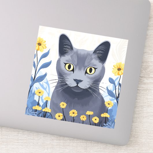 青ロシアの猫黄色の花 シール (詳細)