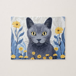 青ロシアの猫黄色の花 ジグソーパズル