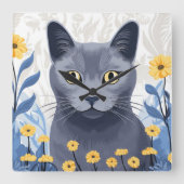 青ロシアの猫黄色の花 スクエア壁時計 (正面)