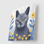 青ロシアの猫黄色の花 スクエア壁時計 (傾斜)