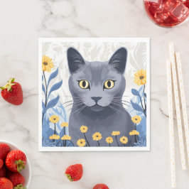 青ロシアの猫黄色の花 スタンダードランチョンナプキン