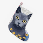 青ロシアの猫黄色の花 スモールクリスマスストッキング (正面 (吊り時))
