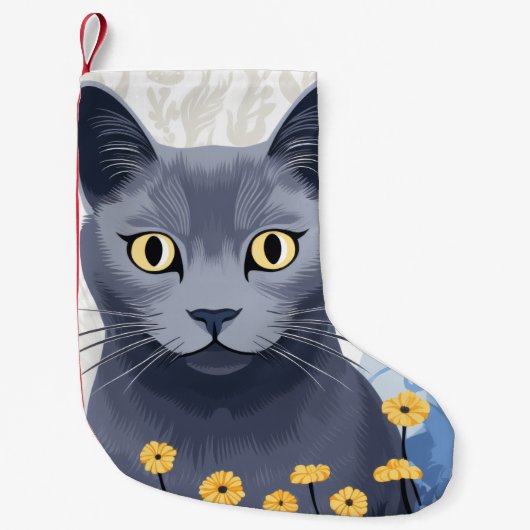 青ロシアの猫黄色の花 スモールクリスマスストッキング (正面)