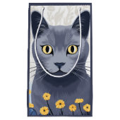 青ロシアの猫黄色の花 スモールペーパーバッグ (正面)