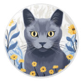 青ロシアの猫黄色の花 セラミックノブ (正面)