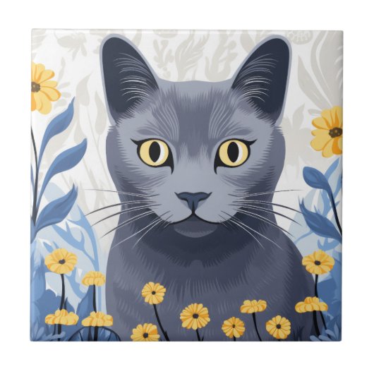 青ロシアの猫黄色の花 タイル (正面)