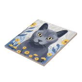 青ロシアの猫黄色の花 タイル (側面)