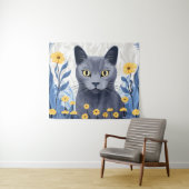 青ロシアの猫黄色の花 タペストリー (インサイチュ(横))