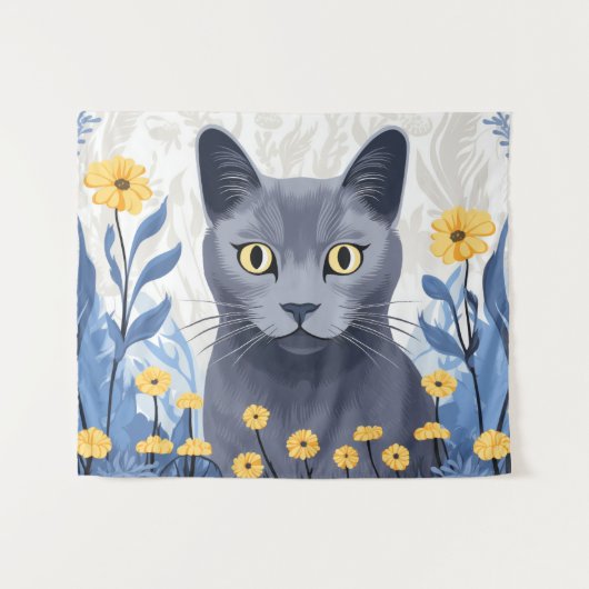 青ロシアの猫黄色の花 タペストリー (正面(横))