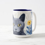青ロシアの猫黄色の花 ツートーンマグカップ (正面右)