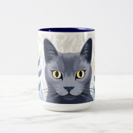 青ロシアの猫黄色の花 ツートーンマグカップ