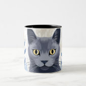青ロシアの猫黄色の花 ツートーンマグカップ (中央)