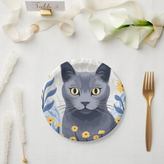 青ロシアの猫黄色の花 ペーパープレート (ウェディング)