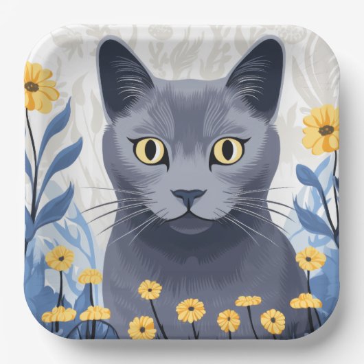 青ロシアの猫黄色の花 ペーパープレート (正面)