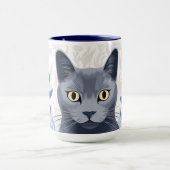 青ロシアの猫黄色の花 マグカップ (中央)