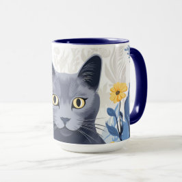 青ロシアの猫黄色の花 マグカップ