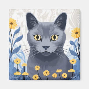 青ロシアの猫黄色の花 マグネット
