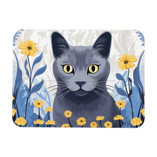 青ロシアの猫黄色の花 マグネット (横)