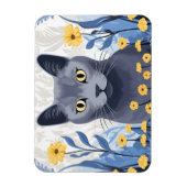 青ロシアの猫黄色の花 マグネット (縦)