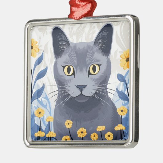 青ロシアの猫黄色の花 メタルオーナメント (左)