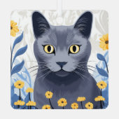 青ロシアの猫黄色の花 メタルオーナメント (裏面)