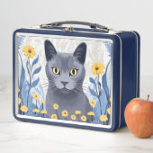 青ロシアの猫黄色の花 メタルランチボックス (インサイチュ)