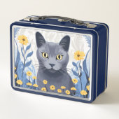 青ロシアの猫黄色の花 メタルランチボックス (裏面)