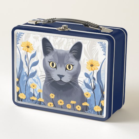 青ロシアの猫黄色の花 メタルランチボックス (正面)