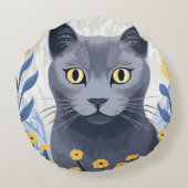 青ロシアの猫黄色の花 ラウンドクッション (裏面)