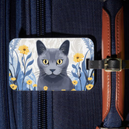 青ロシアの猫黄色の花 ラゲッジタグ