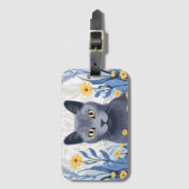 青ロシアの猫黄色の花 ラゲッジタグ (正面縦)