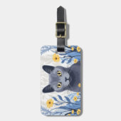 青ロシアの猫黄色の花 ラゲッジタグ (正面縦)