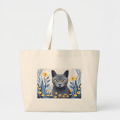 青ロシアの猫黄色の花 ラージトートバッグ (正面)