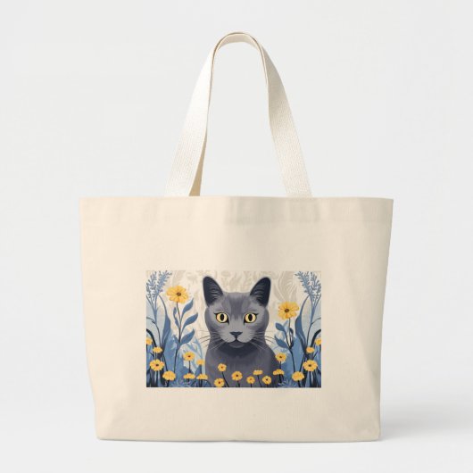 青ロシアの猫黄色の花 ラージトートバッグ (正面)