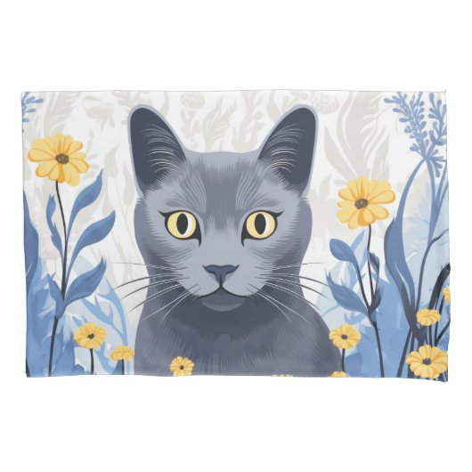 青ロシアの猫黄色の花 枕カバー (正面)