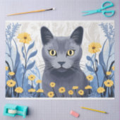 青ロシアの猫黄色の花 薄葉紙 (クラフト)