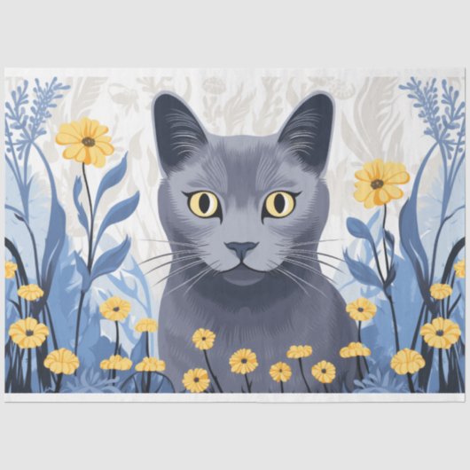 青ロシアの猫黄色の花 薄葉紙 (正面)