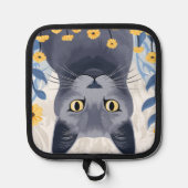 青ロシアの猫黄色の花 鍋敷き (正面)