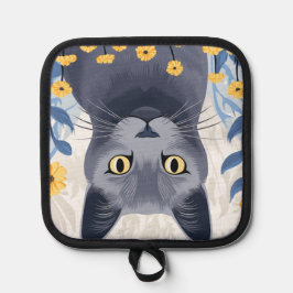 青ロシアの猫黄色の花 鍋敷き