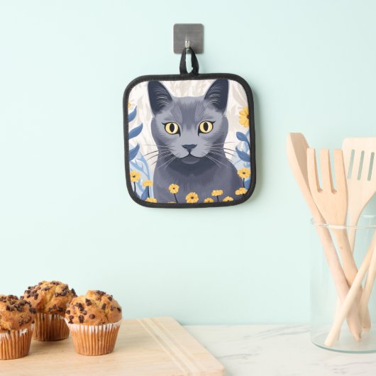 青ロシアの猫黄色の花 鍋敷き (インサイチュ (吊り下げ))