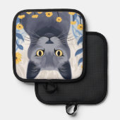 青ロシアの猫黄色の花 鍋敷き (正面/裏面)