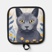 青ロシアの猫黄色の花 鍋敷き (正面)