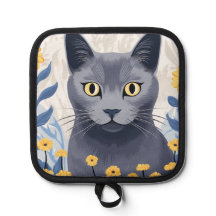 青ロシアの猫黄色の花