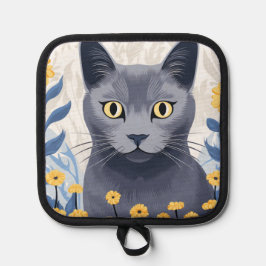 青ロシアの猫黄色の花 鍋敷き