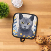 青ロシアの猫黄色の花 鍋敷き (トップダウン)