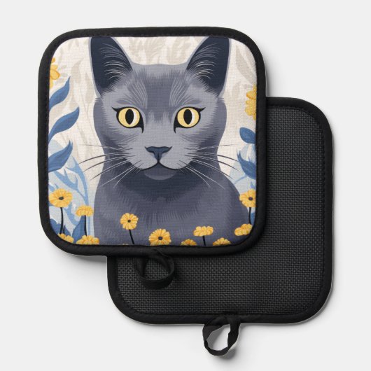 青ロシアの猫黄色の花 鍋敷き (正面/裏面)