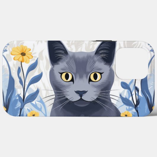 青ロシアの猫黄色の花 Case-Mate iPhoneケース (裏面 (横))