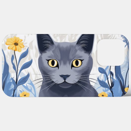 青ロシアの猫黄色の花 Case-Mate iPhoneケース (裏面 (横))